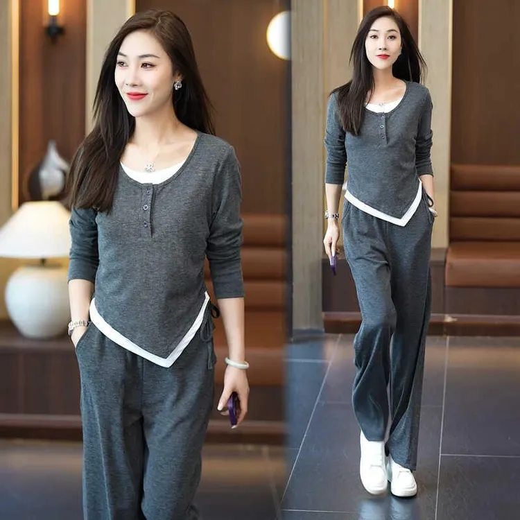 休闲运动套装女2024秋季新款洋气不规则假两件上衣阔腿裤两件套潮