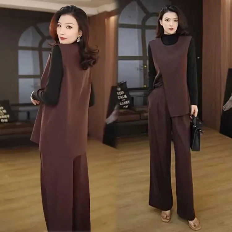 时尚套装女2024秋季新款时髦洋气马甲打底衫阔腿裤女神范三件套潮