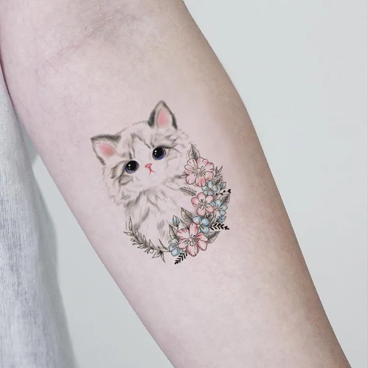 可爱小猫咪图案纹身贴防水女持久手绘彩色花朵小清新贴纸贴画刺青