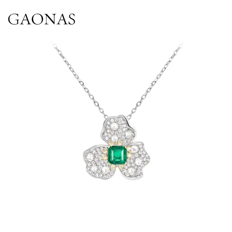 GAONAS 坠链均925银合成锆石  绿色铃兰花项链 GX101223