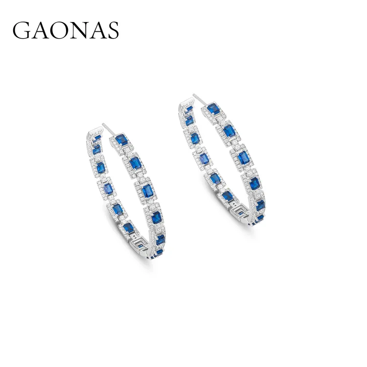 GAONAS 925银合成锆石耳饰 轻奢百搭圈圈蓝色耳环 10054EB