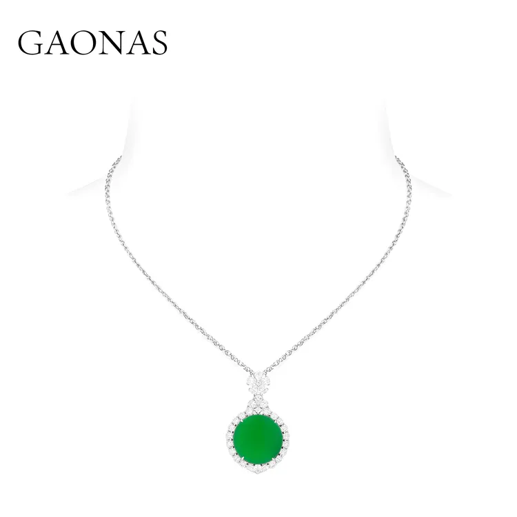 GAONAS 坠链均925银合成锆石 时髦贵气国风绿色平安牌项链10831XG