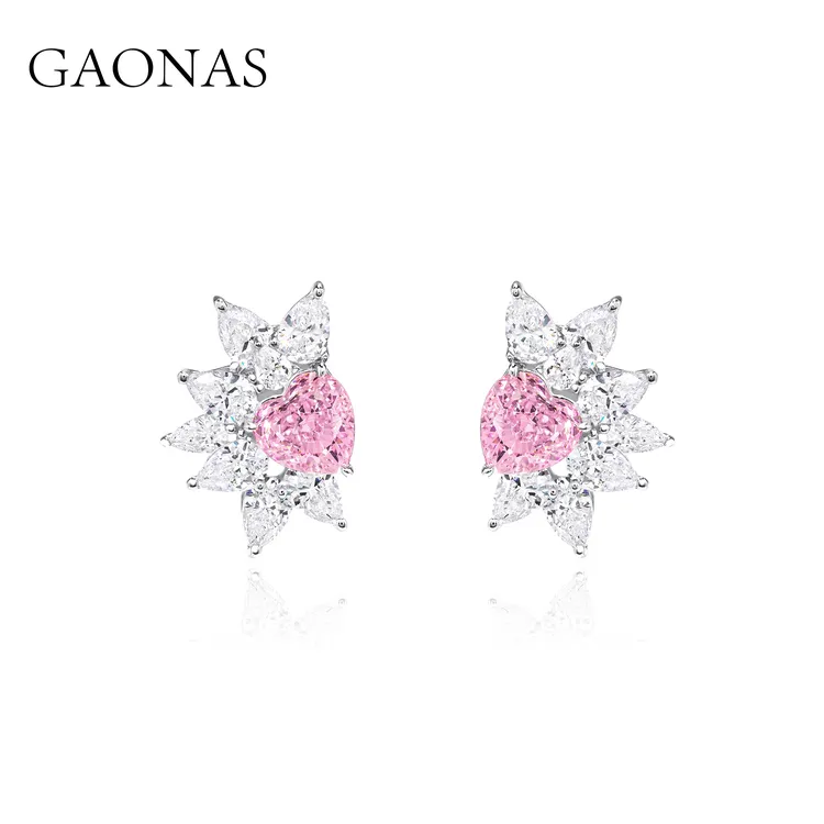 GAONAS 925银合成锆石耳饰 粉爱心半花耳钉 FE51293天使