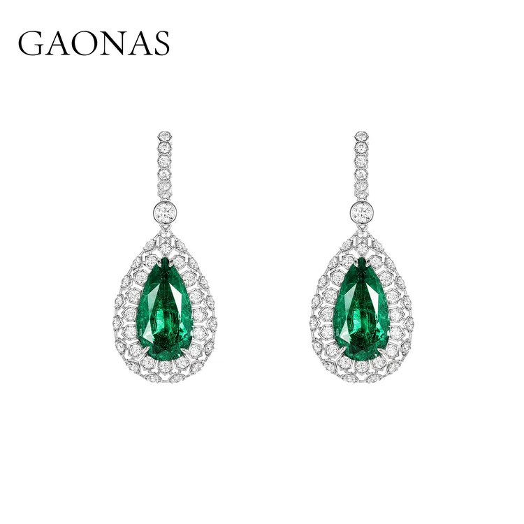 GAONAS 925银合成锆石耳饰 青翠欲滴大水滴绿耳环GE075200