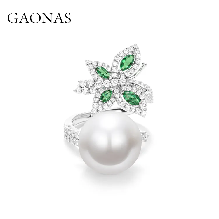 GAONAS 925银合成锆石戒指 绿色蝴蝶花朵开口戒 GZJ021330