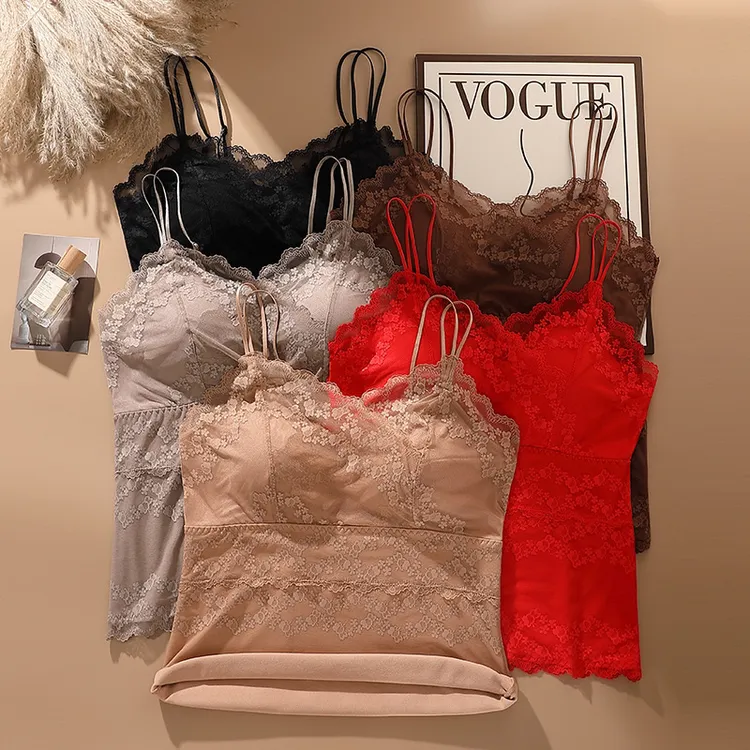 女士保暖衣加绒冬季磨毛性感美背蕾丝加绒保暖上衣吊带内衣背心