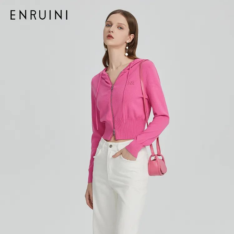 恩瑞妮纯色拉链帽衫2024秋季开衫针织外套女简约百搭ERQM7A591