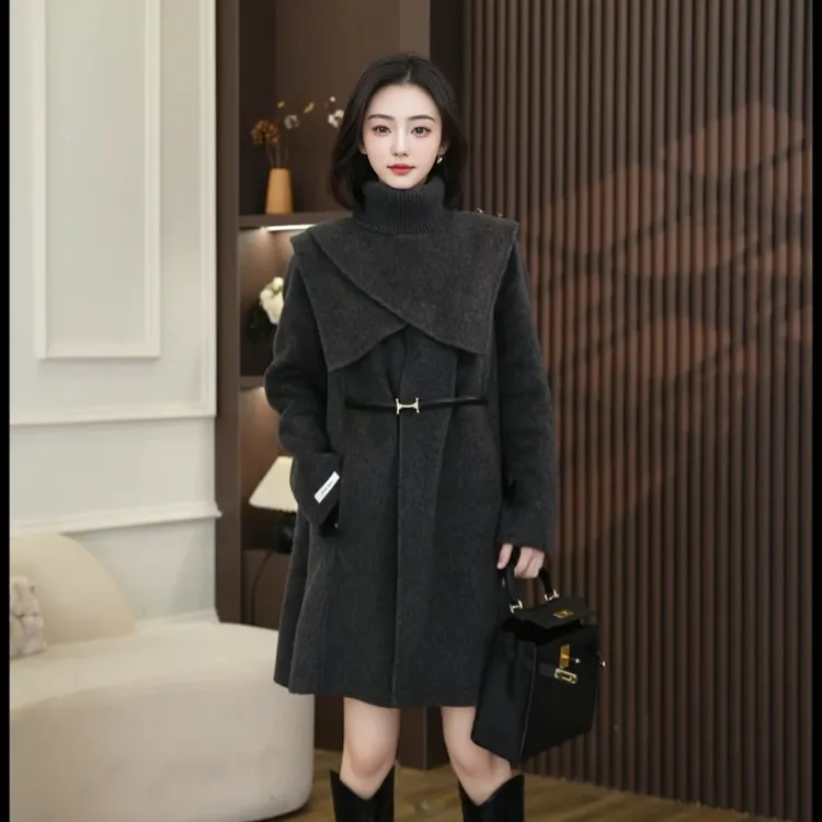 3冬季新款可拆卸斗篷毛呢大衣中长款修身显瘦时髦两件套978