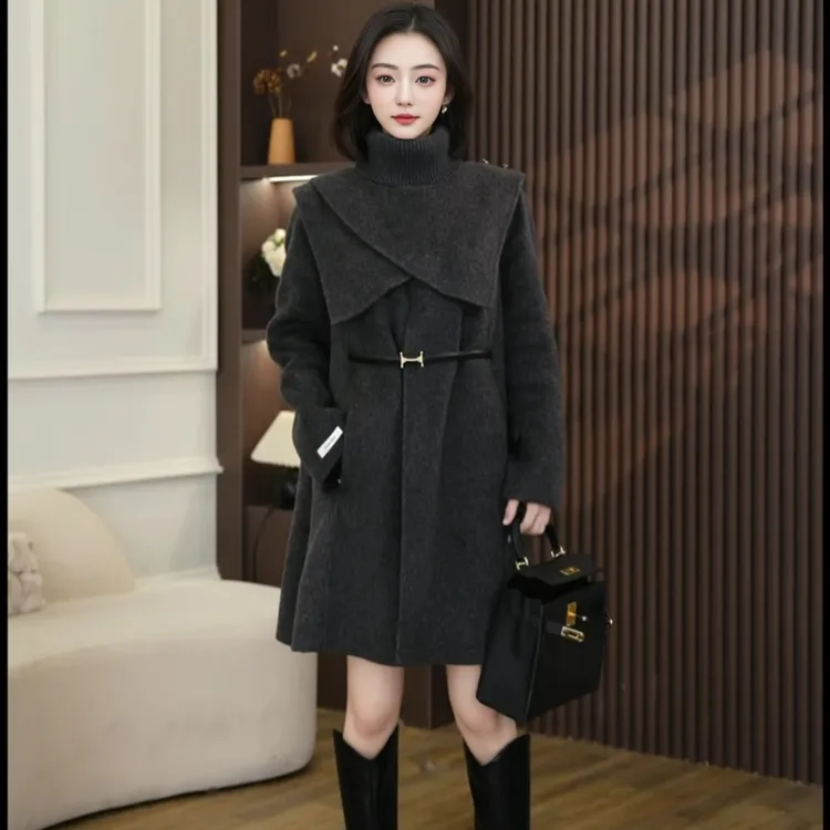 冬季女神范气质修身显瘦中长款可拆卸斗篷毛呢大衣三件套