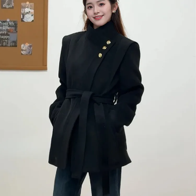 秋冬韩版洋气内里毛呢外套女小个子显瘦收腰气质炸街大衣