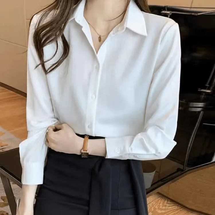 新款缎面打低白衬衫衬衣上衣长袖显瘦时尚百搭洋气宽松女款外穿