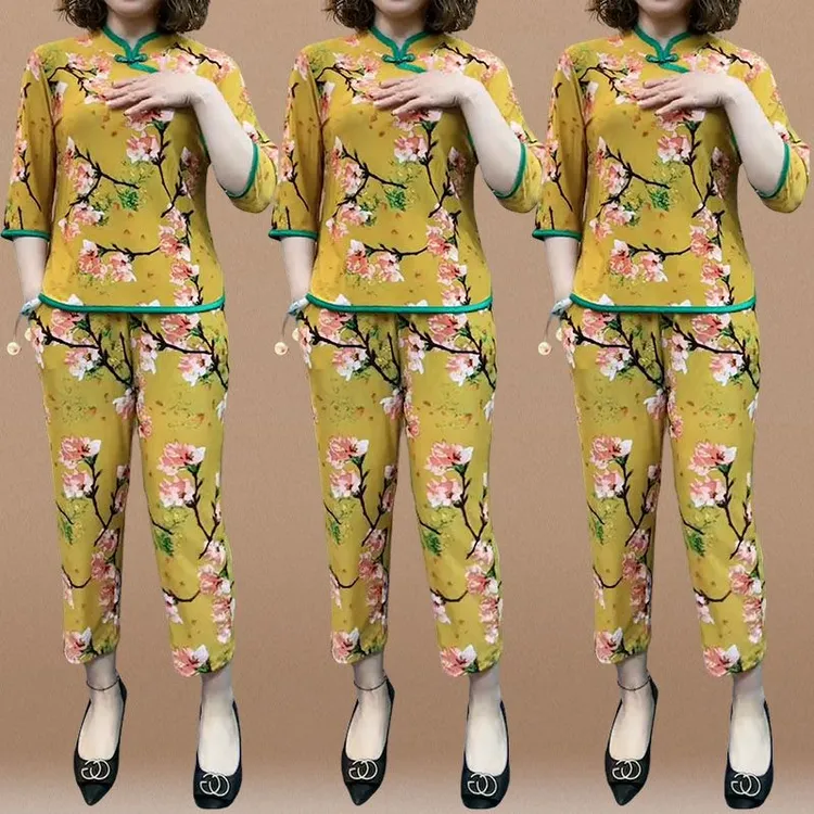 新款妈妈夏装套装洋气时尚中袖上衣裤子女中老年人夏季两件套薄款