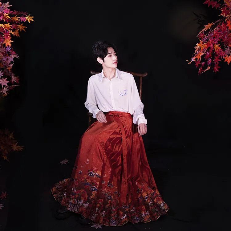 九天汉韵原创设计汉服古风男女明制立领暗纹缎百褶秋冬马面裙枫华
