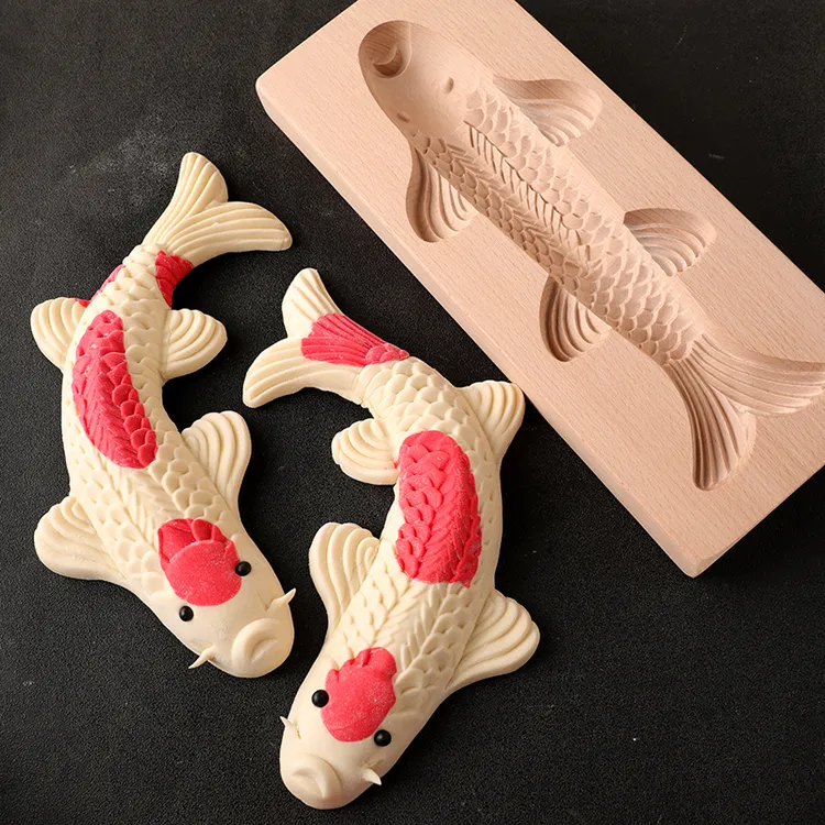 立体锦鲤鱼馒头面食模具榉木质家用立体雕刻花纹加深大中小号