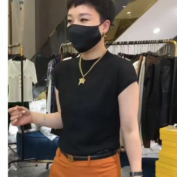 JING纯色冰丝T恤经典百度17018修身时尚圆领打底上衣女