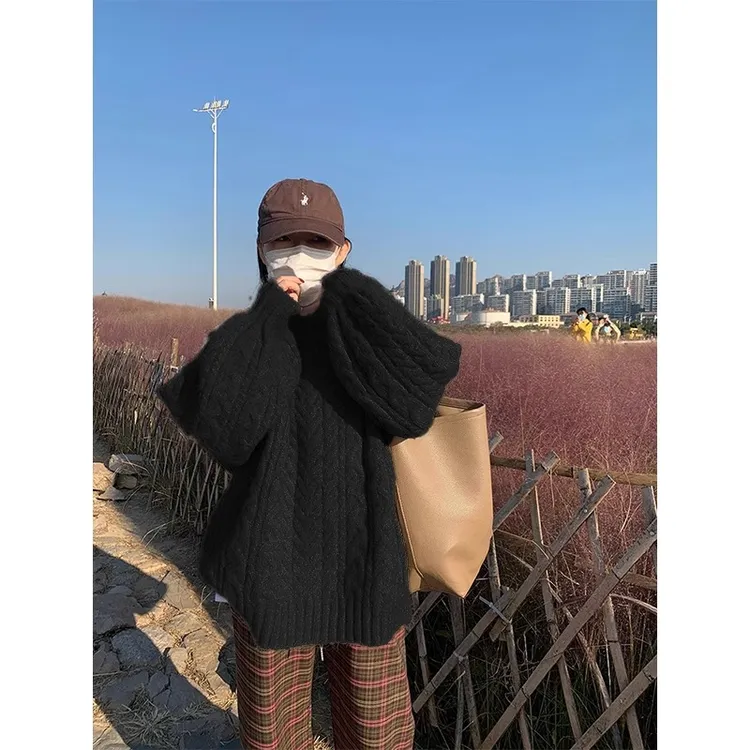麻花软糯针织套头针织衫上衣慵懒风韩版宽松毛衣外套女大码秋冬季