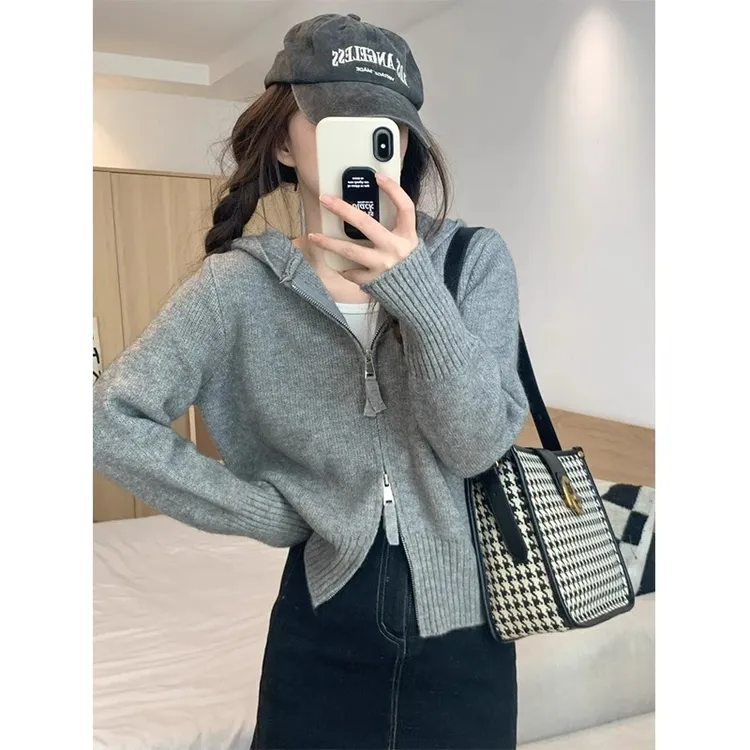 慵懒灰色拉链针织开衫女新款秋冬短款长袖秋季毛衣上衣毛衣外套