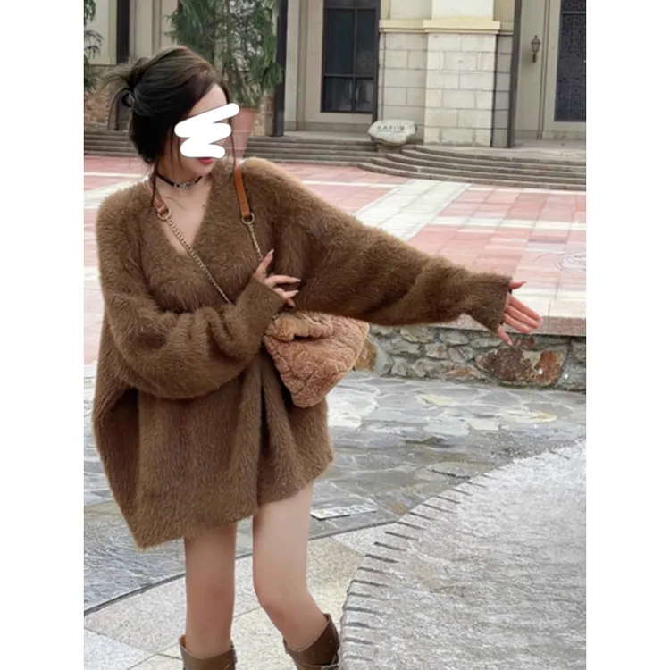 慵懒风软糯水貂绒v领套头毛衣女秋冬宽松外穿高级感超好看针织衫