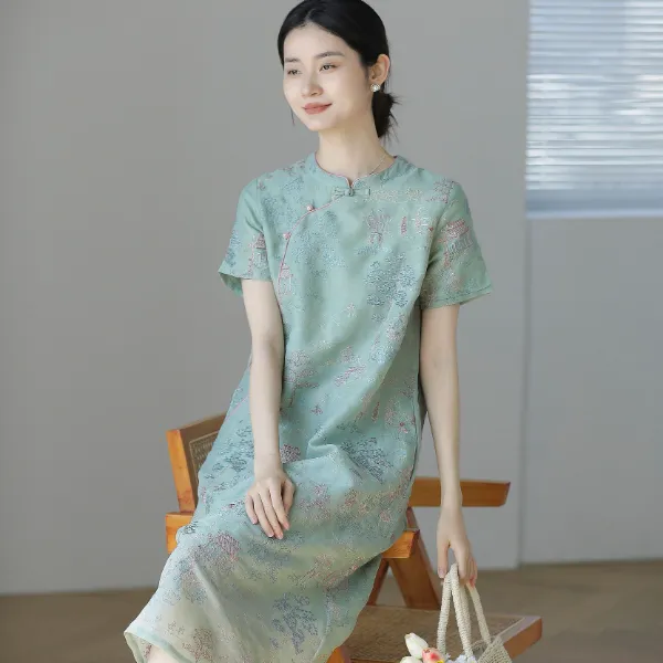 【拾光】绿色刺绣夏季高端纯苎麻双层改良旗袍复古国风优雅连衣裙