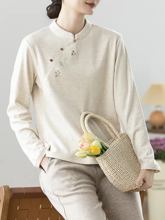 拾光 加绒2025新款小立领刺绣复古新中式国风珠扣百搭打底上衣女