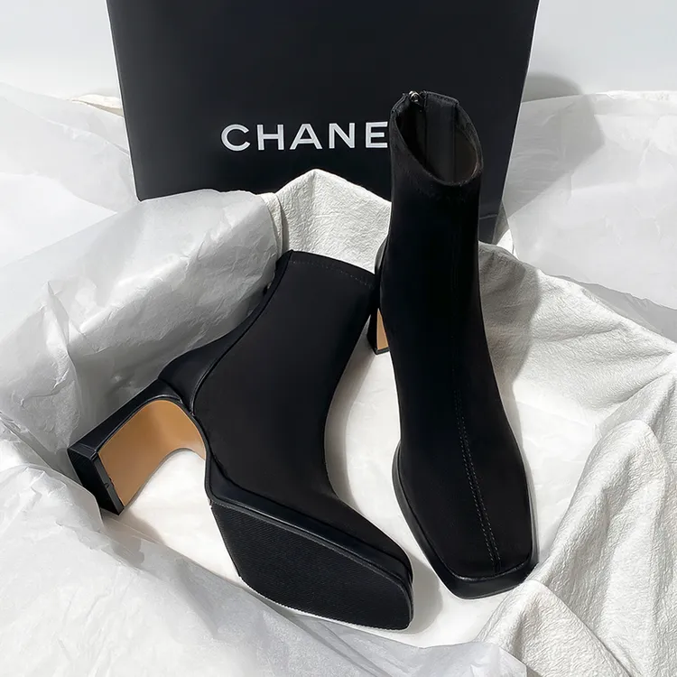 2024秋冬新款方头粗高跟绒面瘦瘦靴女拼接复古弹力靴百搭气质短靴