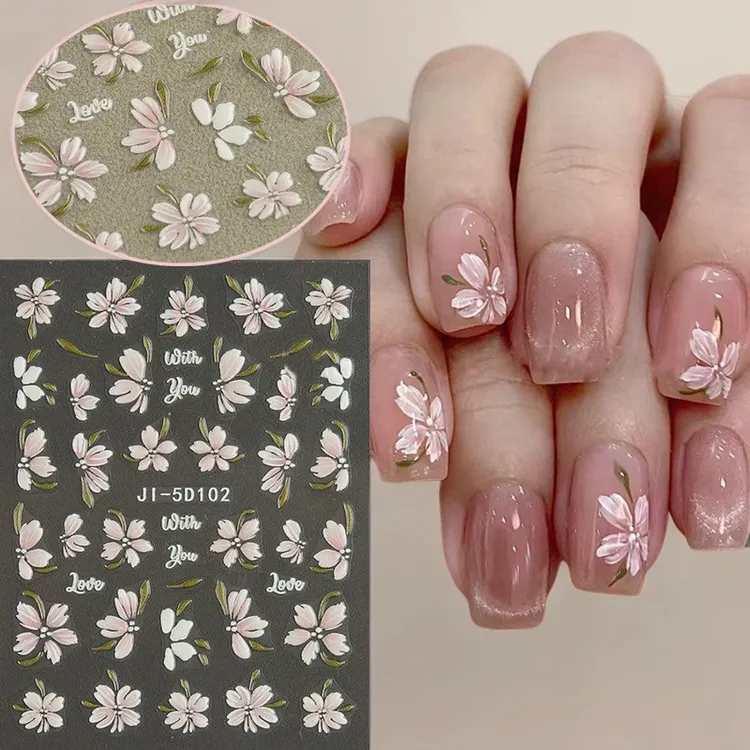 新款山茶花5d浮雕美甲贴纸立体小清新冰花手绘立体美甲花花饰品贴