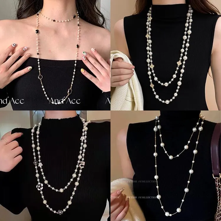 合金仿珍珠项链 气质轻奢多层叠戴珍珠项链女小众高级长款毛衣链
