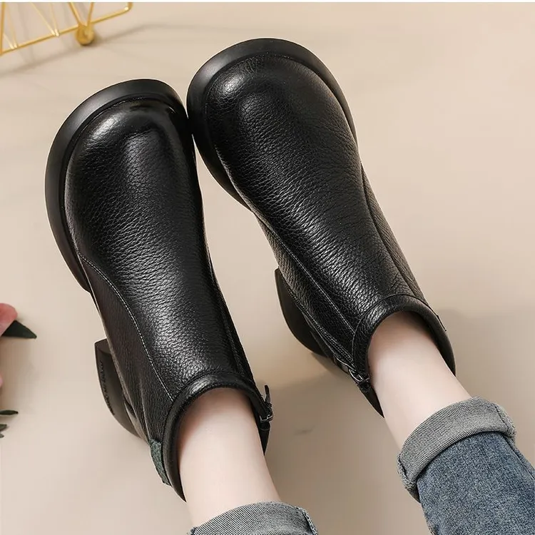 2025真软皮马丁靴女秋季新款中跟厚底短靴粗跟靴子冬季复古妈妈鞋