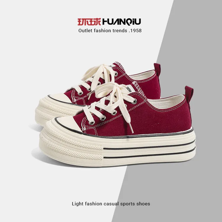 环球酒红色高跟帆布鞋女款2025新款秋季厚底软底流行透气平底板鞋