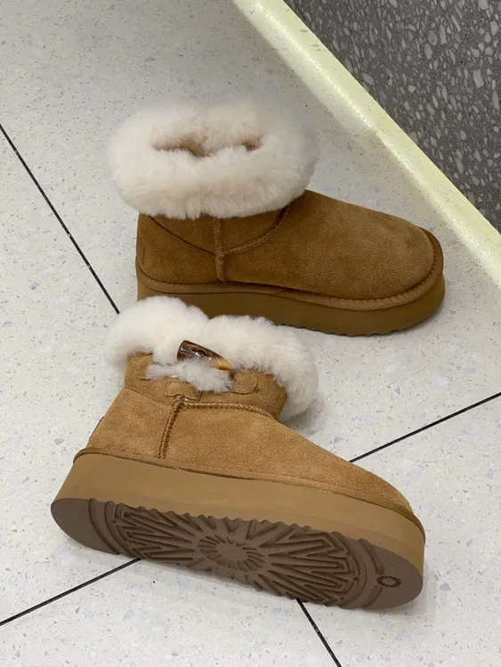 成双成对家女鞋 牛角扣雪地靴短筒加绒加厚防滑保暖时尚百搭女鞋