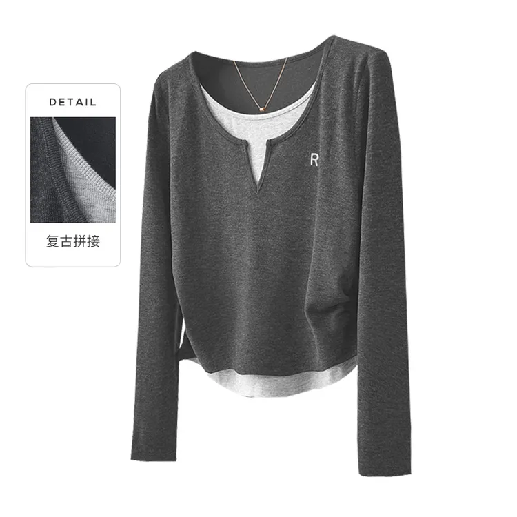 她池2025棉流光风冬女打底上衣小心机复古假两件打底衫T43B4302EB