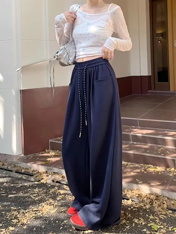 美式棉棉裤女松紧腰抽绳阔腿裤早秋宽松显瘦裤子直筒裤拖地裤长裤