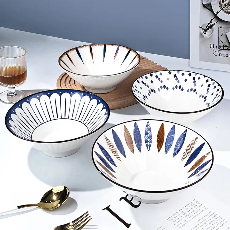 4个装8英寸新中式印花斗笠碗陶瓷釉下彩家用大号吃面碗