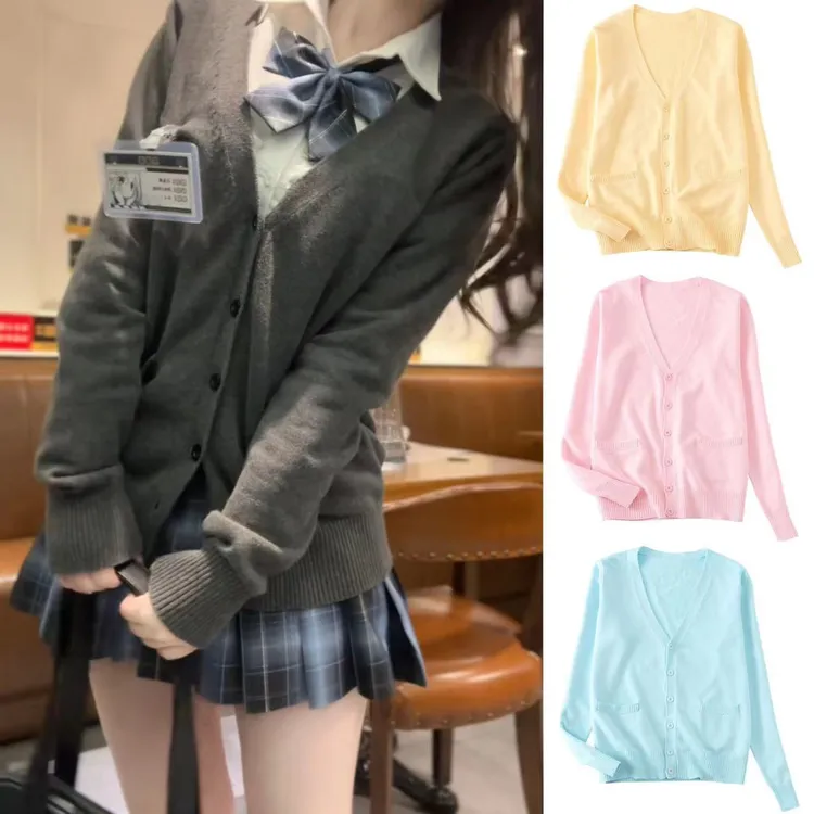 川岛琦日系制服学院风针织衫秋冬v领开衫毛衣外套学生校服班服