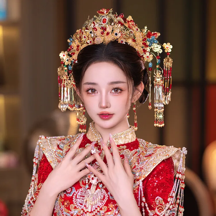 3517新款中式新娘头饰秀禾服龙凤褂金红色后压发饰古典婚礼饰品