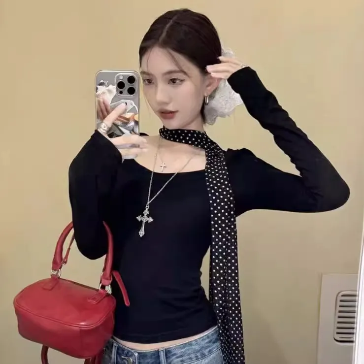 复古黑色长款波点丝巾韩国网红细窄飘带围巾百搭领带气质新款领巾