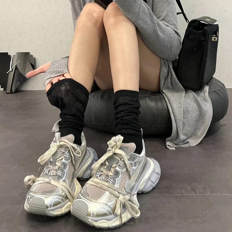 YING2夏季新款灰白黑丝光棉透女袜百搭无骨透气中筒堆堆袜网红