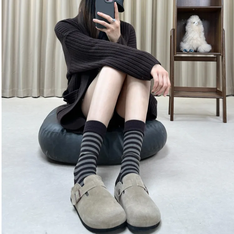 YING2秋冬季新款波斯羊绒中筒堆堆袜条纹搭配鲨鱼裤百搭休闲女袜