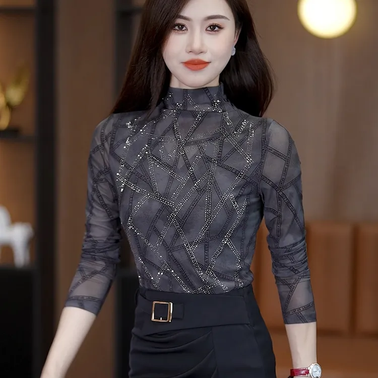 洋气秋冬新款长袖网纱t恤女条纹烫钻上衣修身显瘦打底衫潮