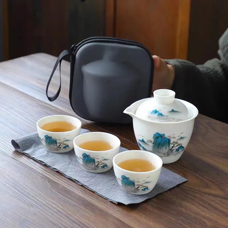 羊脂玉瓷迎客山水陶瓷旅游日式茶具便携式户外便携套装快客杯套装