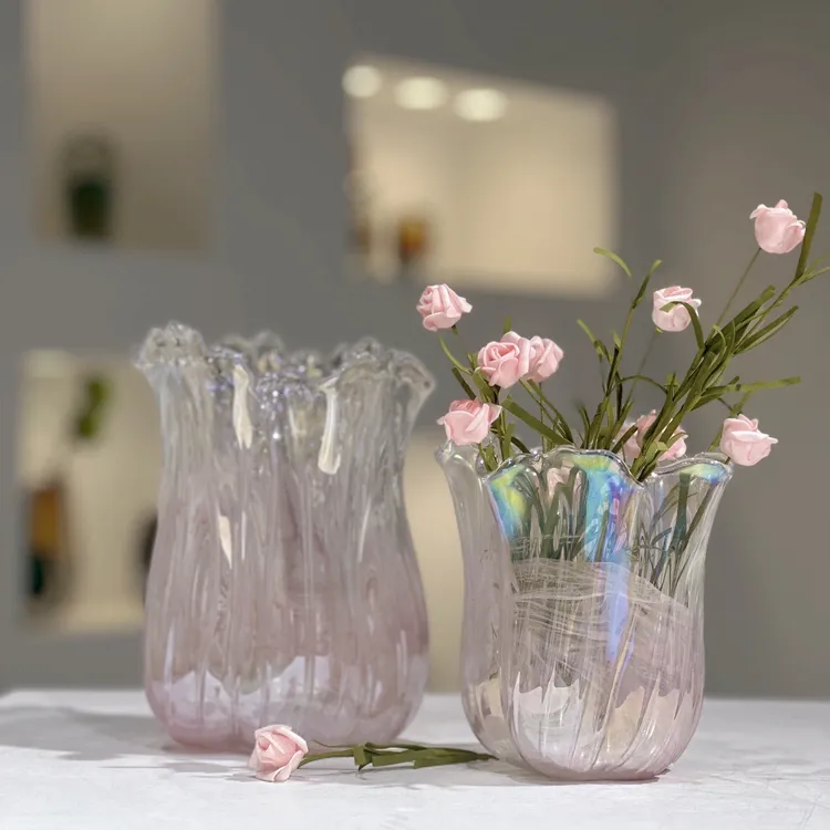 法式粉色幻彩亮瓷手工花瓶创意轻奢水养花花器家居装饰品摆件A048