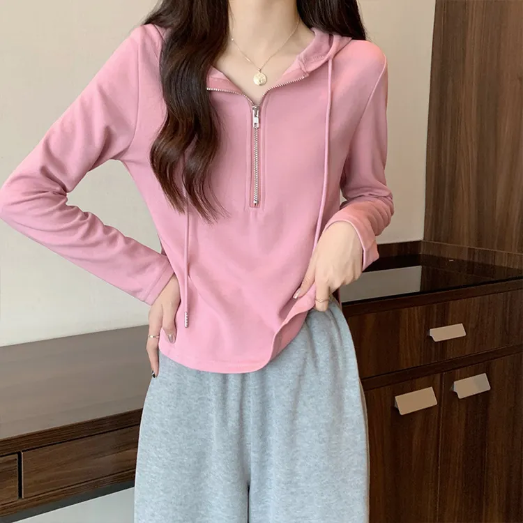 欧货粉色连帽卫衣女长袖春装新款设计感小众显瘦洋气内搭打底衫