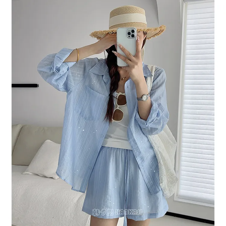 薄荷曼波气质时尚衬衫短裤套装女夏季薄款宽松韩版休闲长袖防晒衣