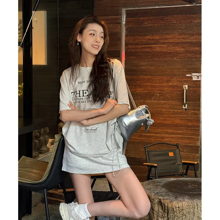 时尚套装女字母印花宽松T恤夏季休闲高腰显瘦短袖A字裙两件套ins