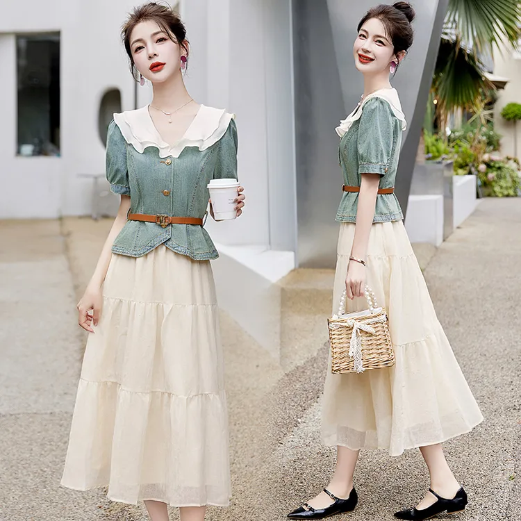 小香风牛仔时尚套装女2025夏季新款减龄娃娃领上衣半身裙两件套潮