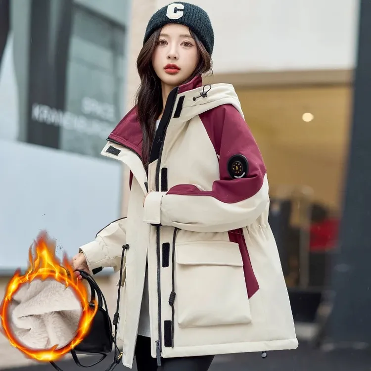 中长款派克服女加绒加厚2025新款冬季休闲冲锋衣工装户外棉服外套