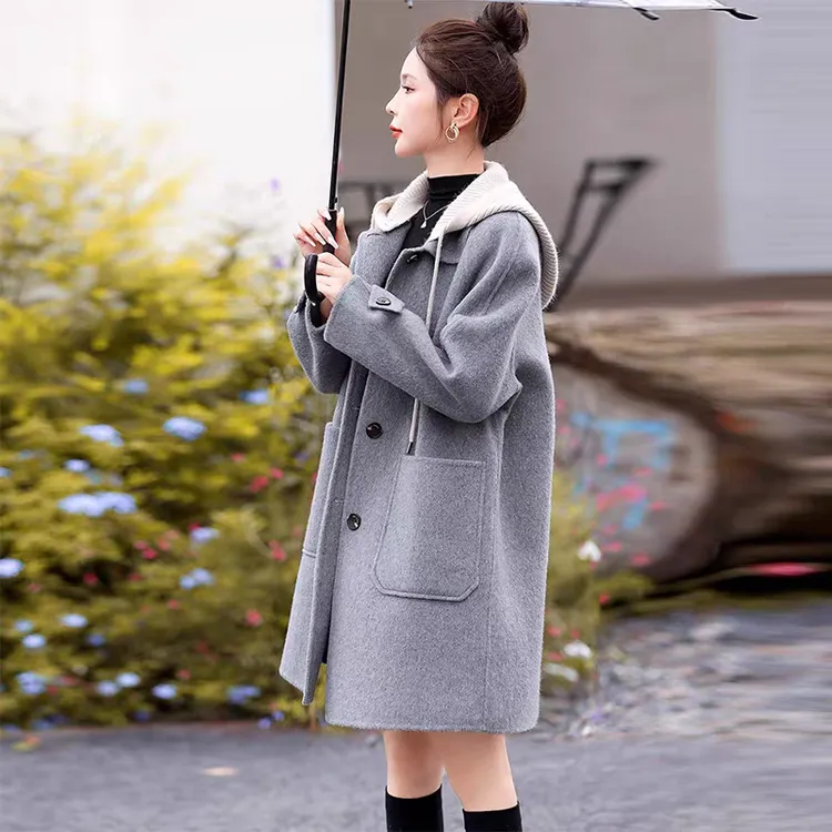 双面羊毛大衣女中长款2025年秋冬新款韩版连帽宽松气质毛呢外套潮