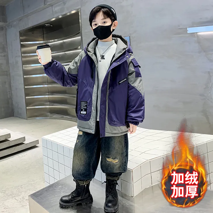 男童冬季加绒加厚棉衣外套2024新款儿童帅气中大童保暖拼色派克服