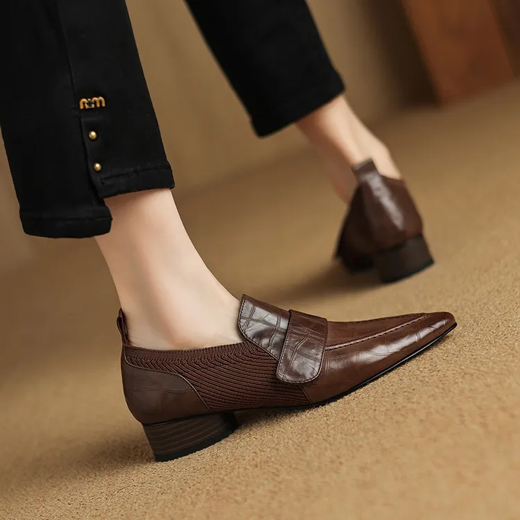 头层牛皮~3cm巨好穿法式深口单鞋春秋尖头粗跟真皮透气大码乐福鞋