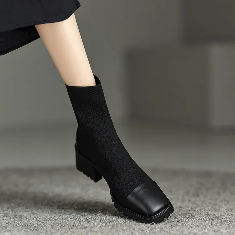 手工女鞋~5cm~牛皮袜靴女粗跟2025秋冬单靴毛线短靴高跟瘦瘦靴